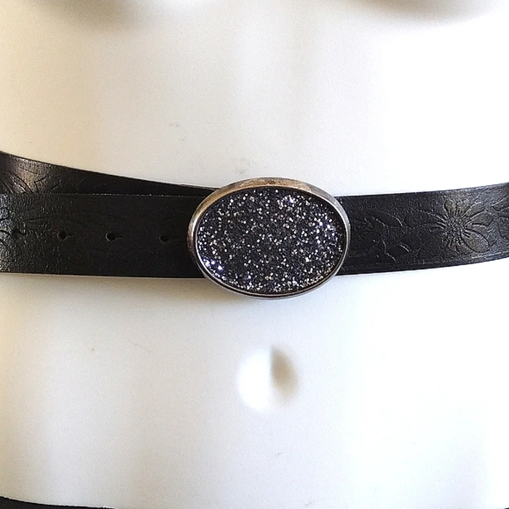 HipWear Black Embossed Italian Leather Belt Silver Glitter Oval Buckle